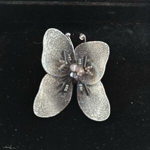 Handmade butterfly brooch black and grey mesh and beadwork, lovely vintage piece